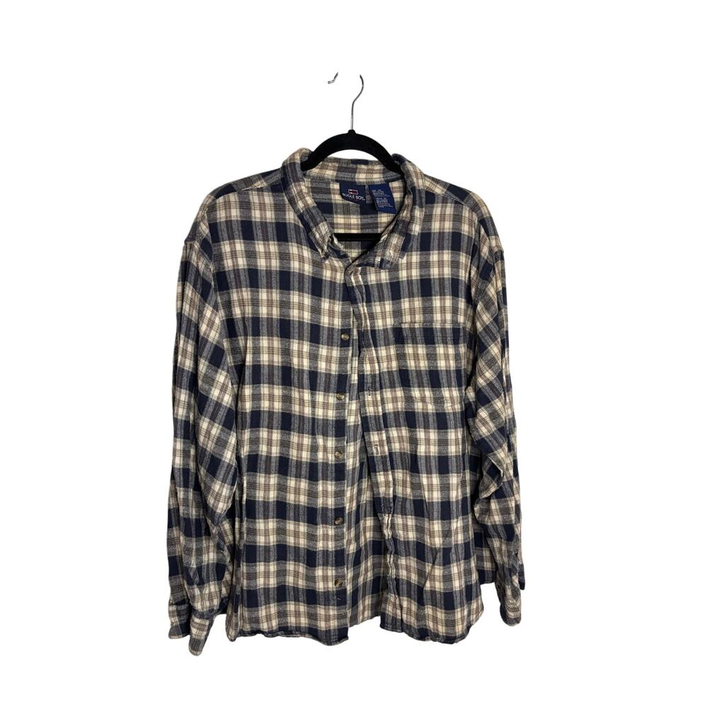 Vintage Bugle Boy Flannel Shirt Navy Cream Plaid 100% Cotton Button-Up 2X
